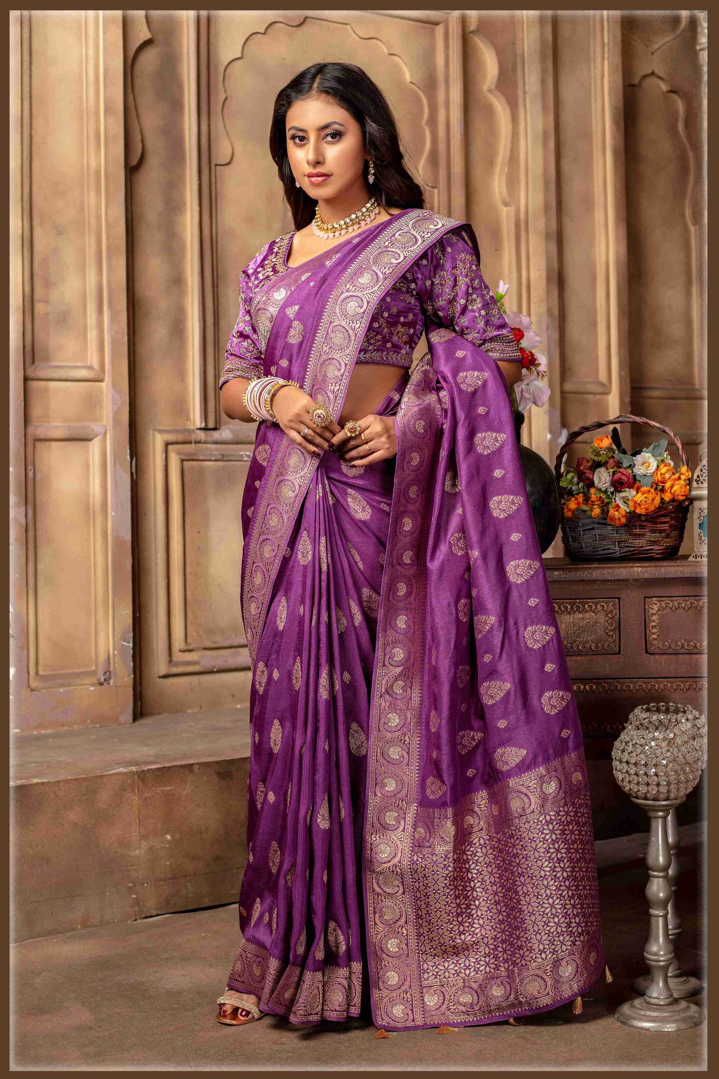 Magenta Banarasi Silk Saree with Stitched Blouse