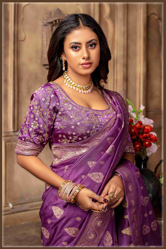 Magenta Banarasi Silk Saree with Stitched Blouse