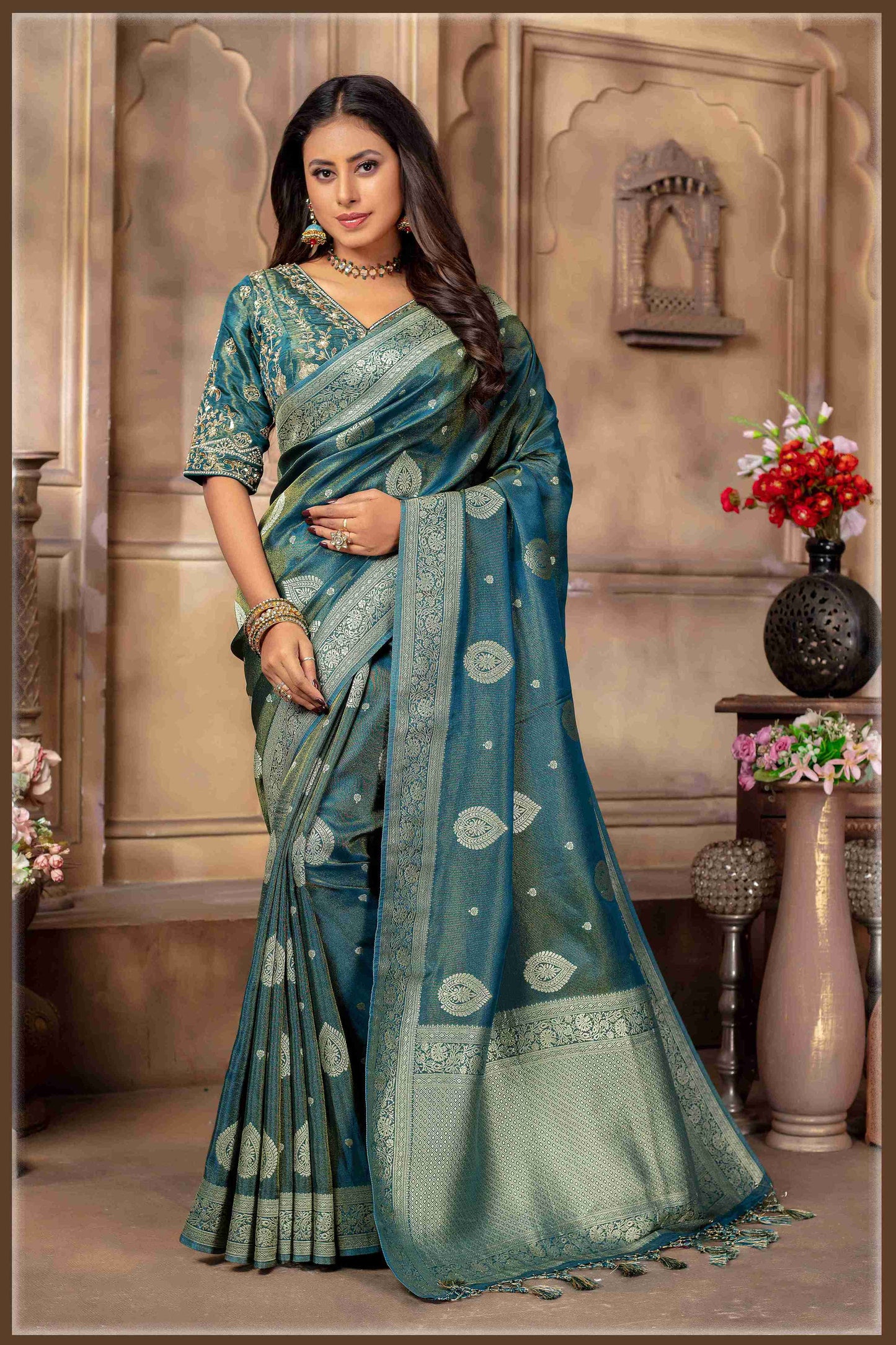 Lime Peacock blue Banarasi Tissue Silk Saree with gold Zari Elegance