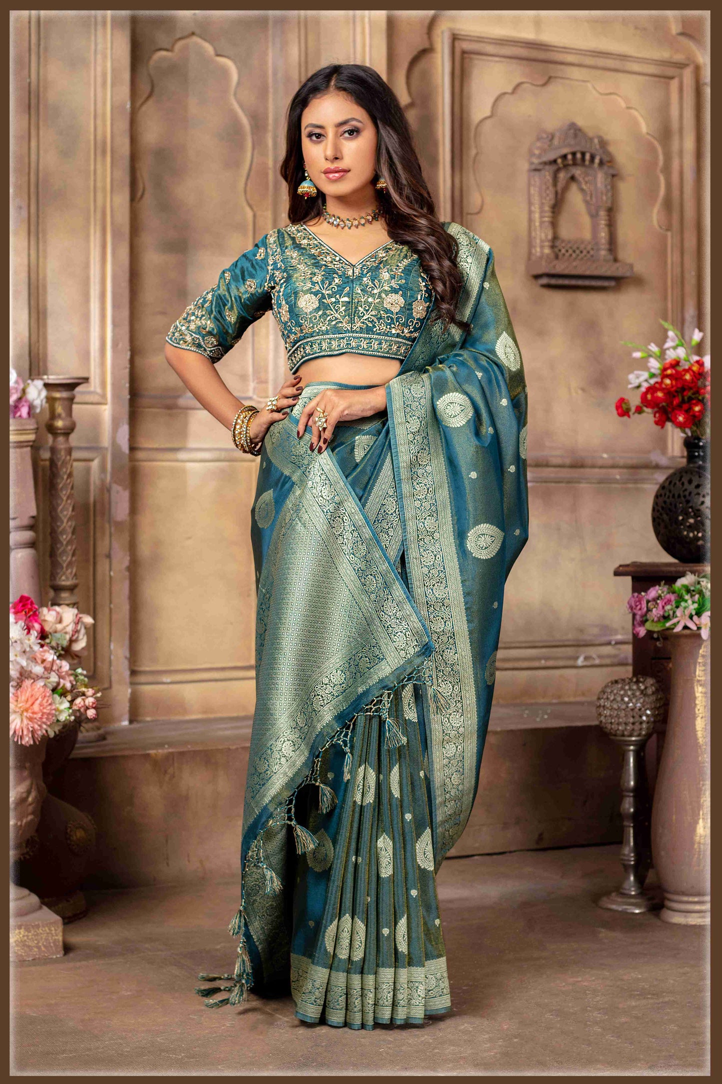Lime Peacock blue Banarasi Tissue Silk Saree with gold Zari Elegance