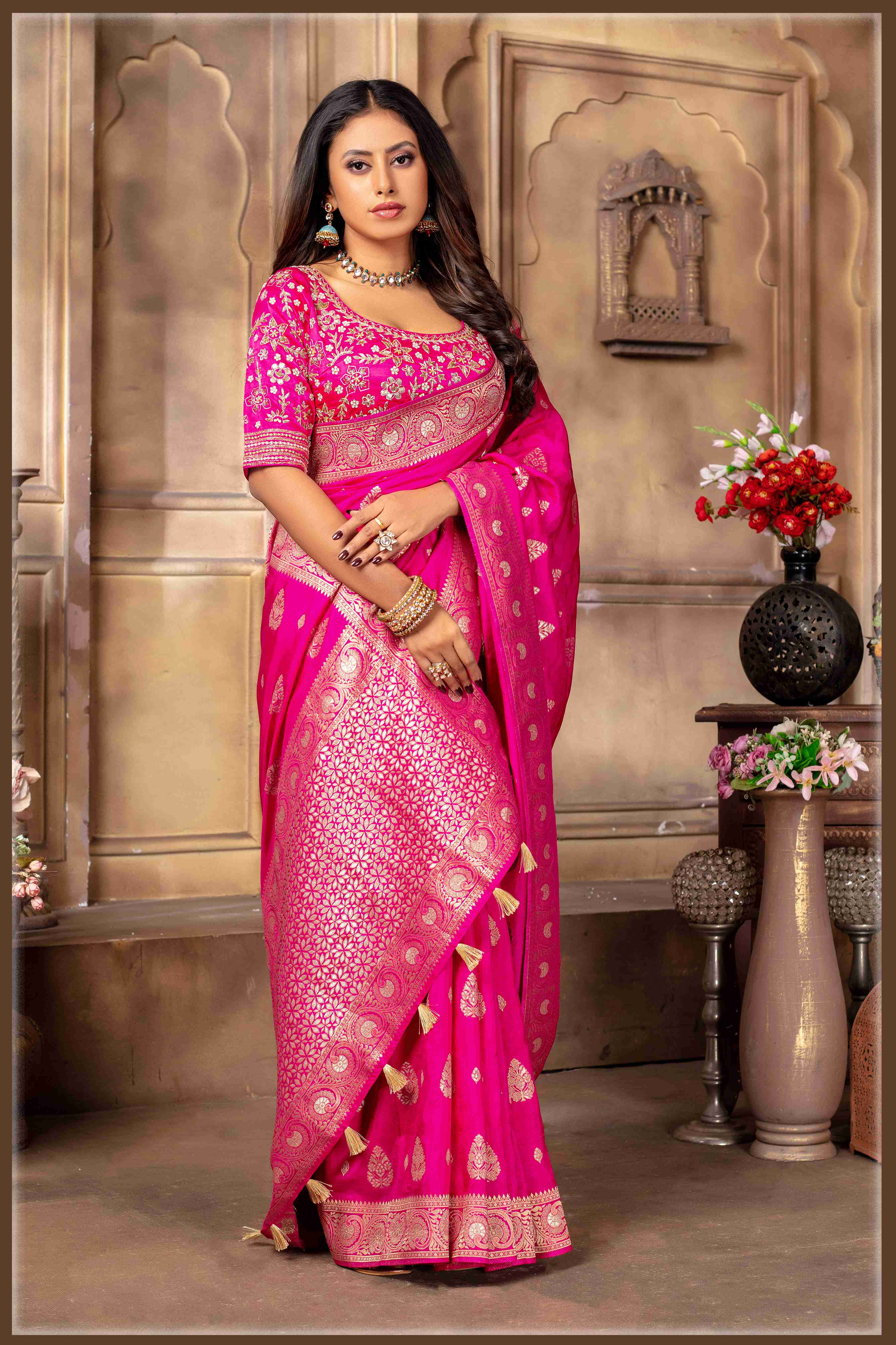 Pink Banarasi Silk Saree with Stitched Blouse