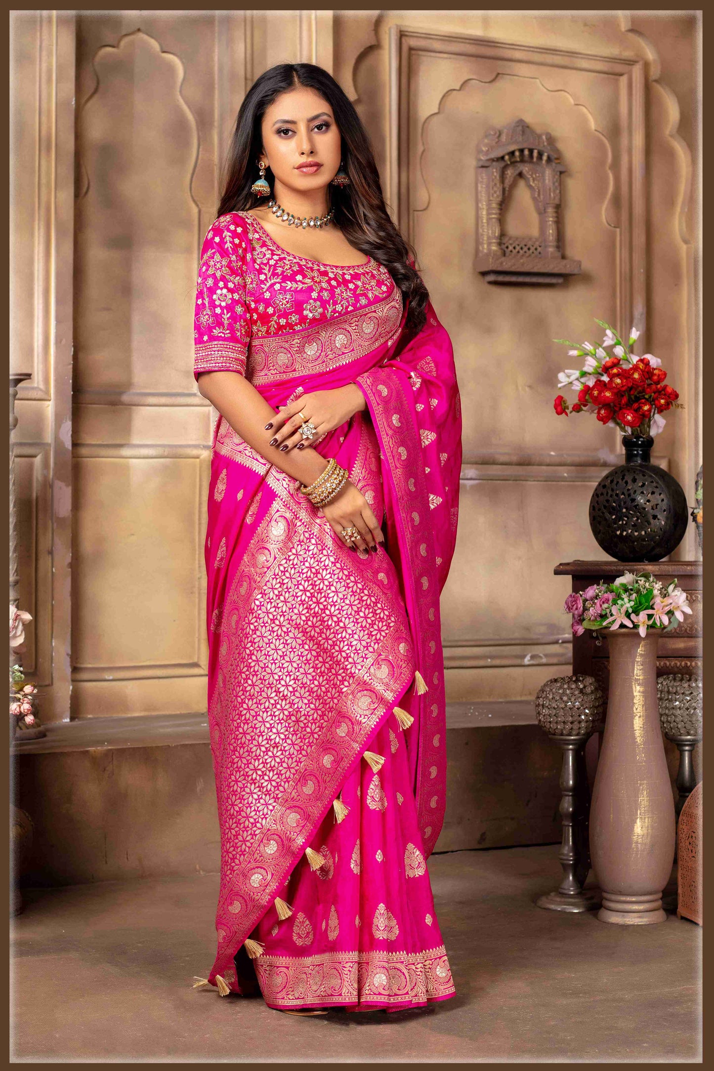 Pink Banarasi Silk Saree with Stitched Blouse