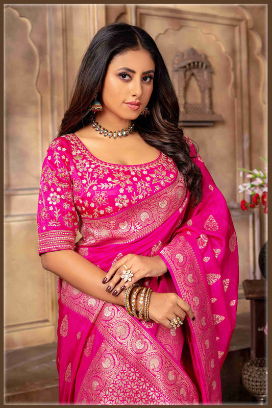 Pink Banarasi Silk Saree with Stitched Blouse