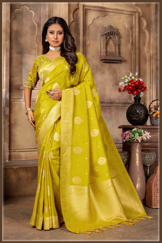 Lime Yellow Banarasi Tissue Silk Saree with Golden Zari Elegance