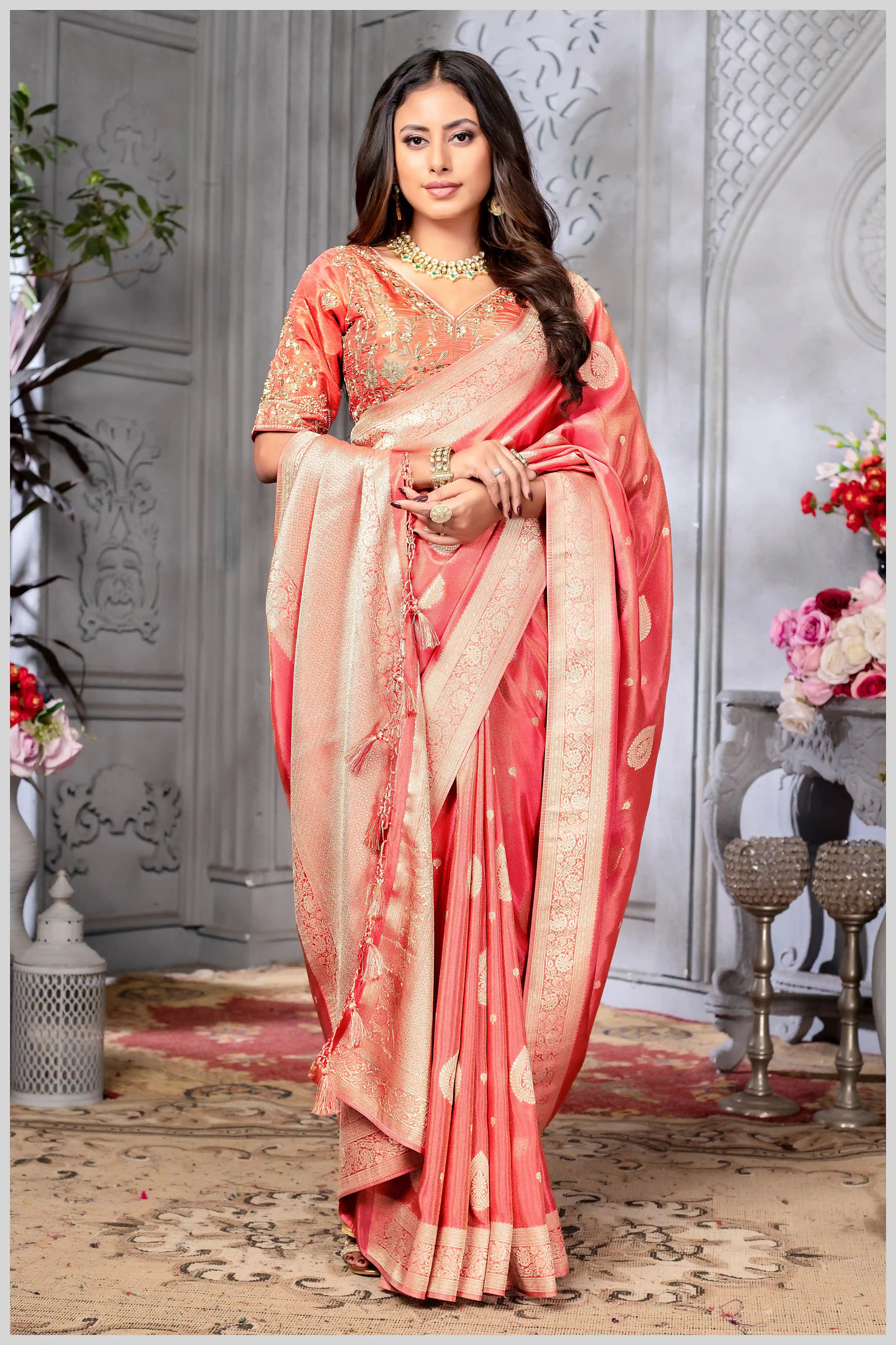 Coral Pink Banarasi Tissue Silk Saree with Golden Zari Elegance
