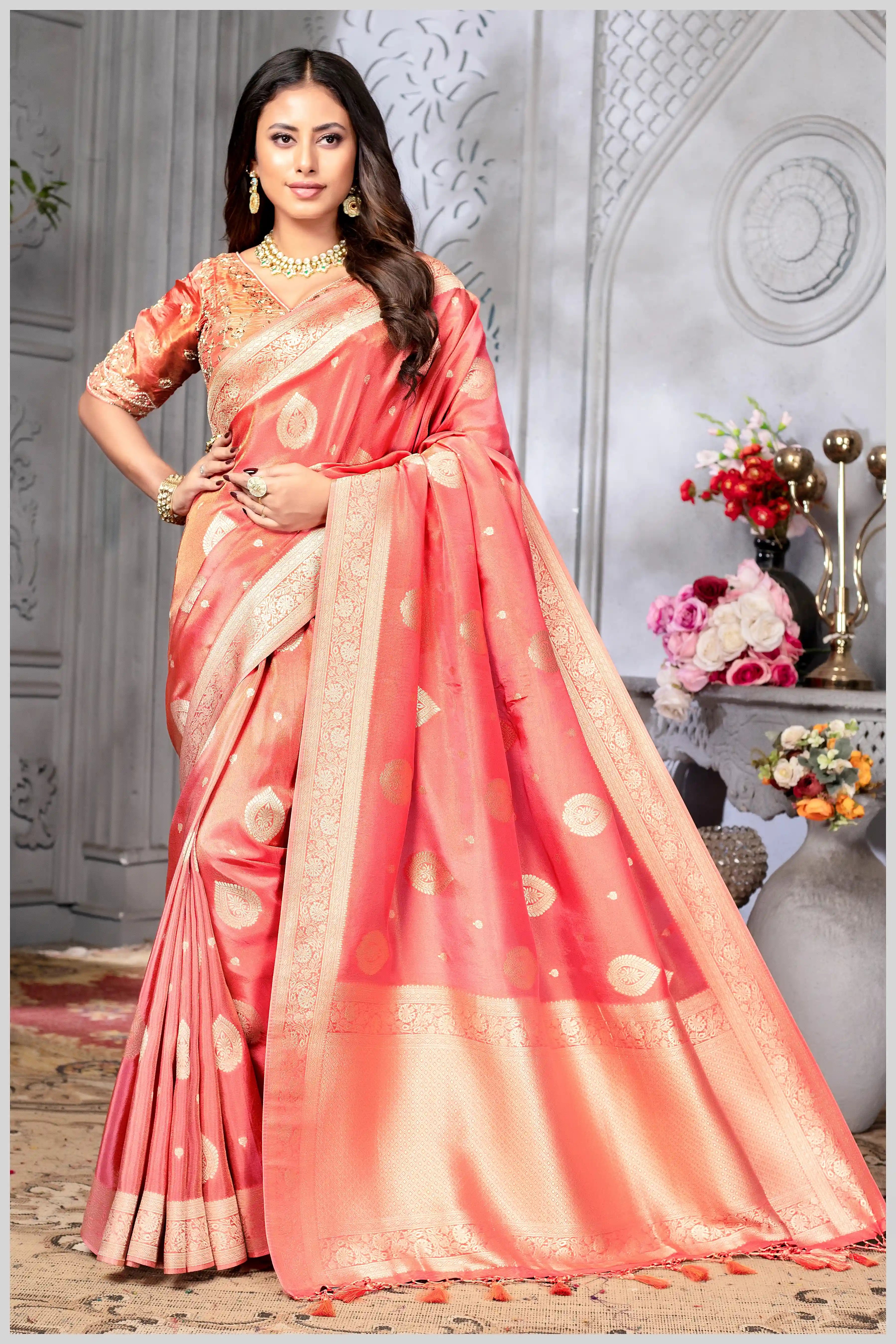 Coral Pink Banarasi Tissue Silk Saree with Golden Zari Elegance