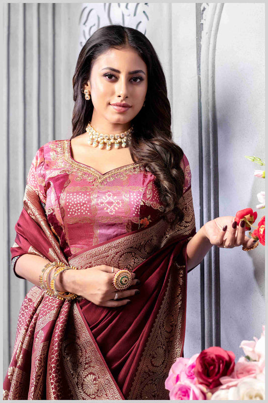 Maroon Banarasi Silk Saree with Stitched Blouse