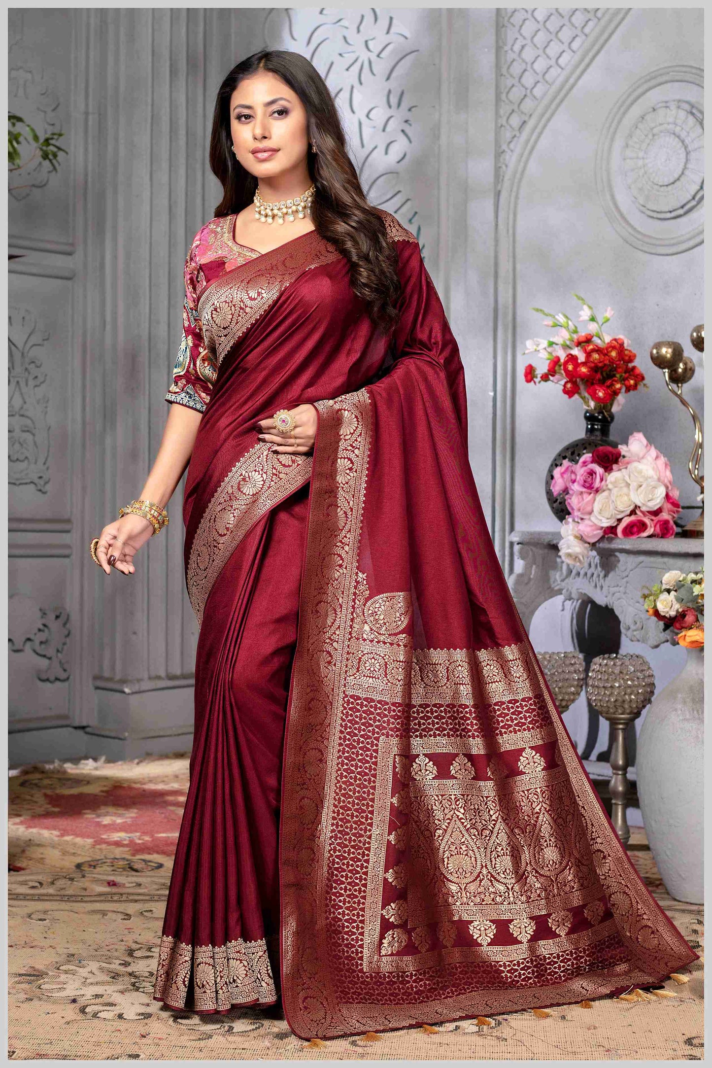 Maroon Banarasi Silk Saree with Stitched Blouse