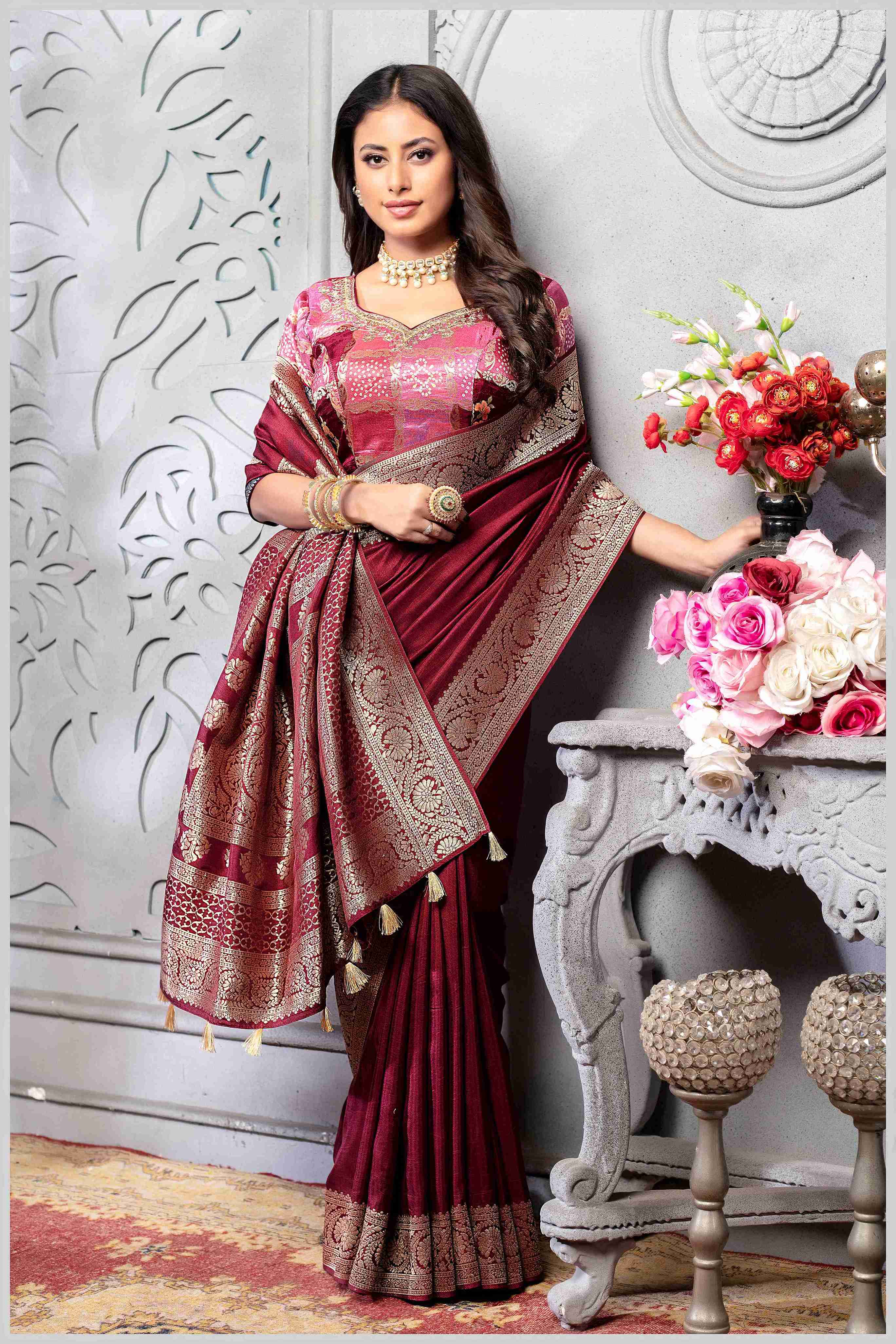 Maroon Banarasi Silk Saree with Stitched Blouse