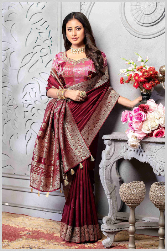 Maroon Banarasi Silk Saree with Stitched Blouse