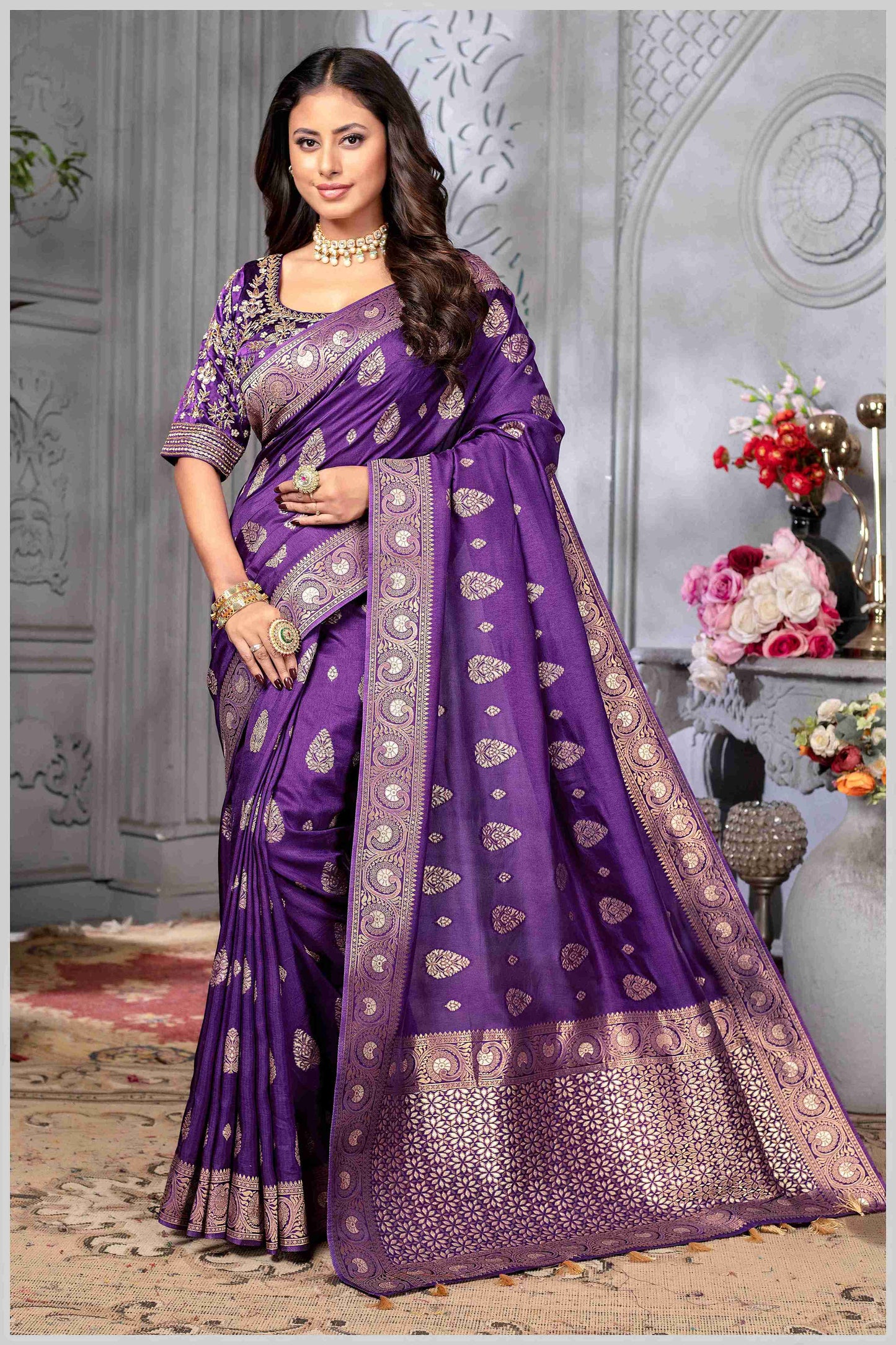 Purple Banarasi Silk Saree with Stitched Blouse