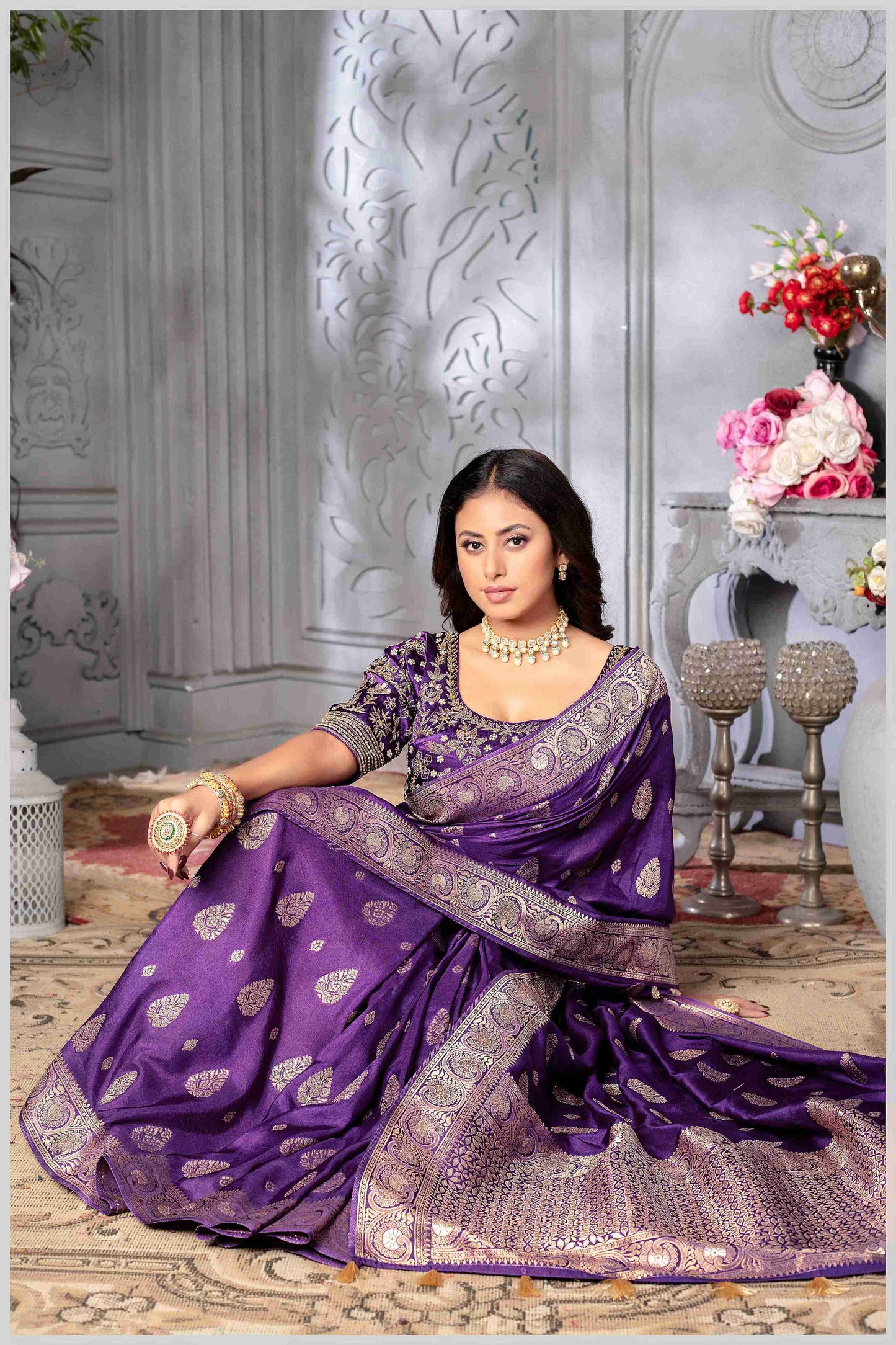 Purple Banarasi Silk Saree with Stitched Blouse