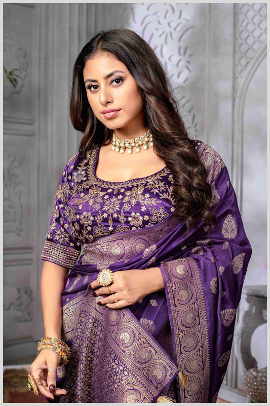 Purple Banarasi Silk Saree with Stitched Blouse
