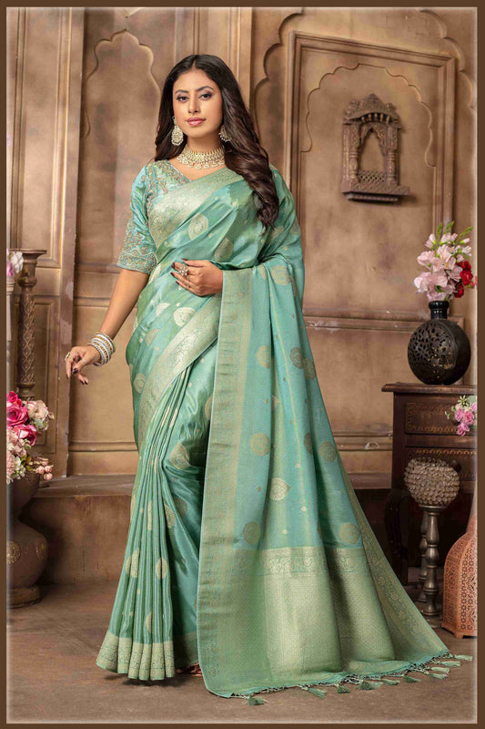Sea Green Banarasi Tissue Silk Saree with Golden Zari Elegance