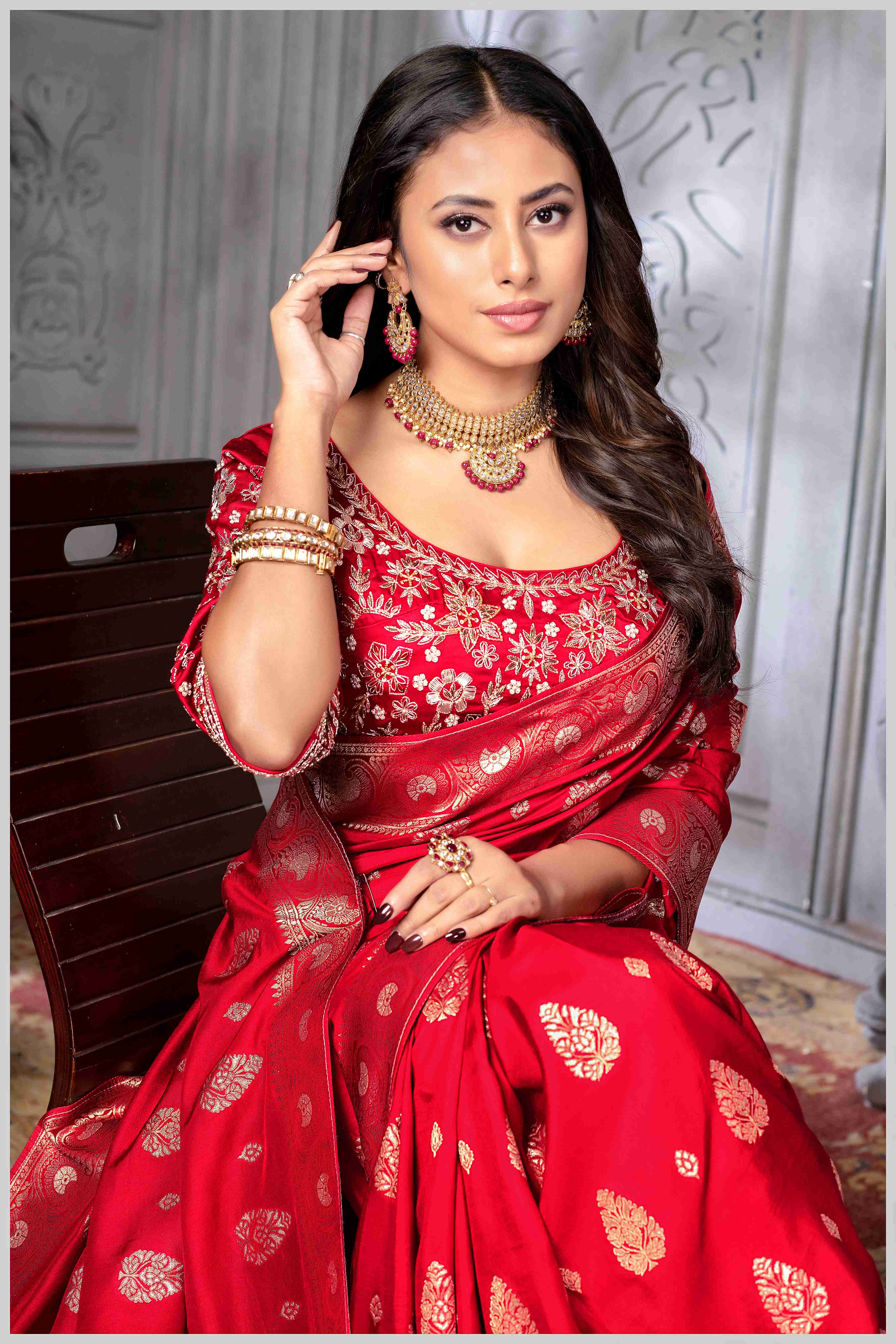 Red Banarasi Silk Saree with Stitched Blouse