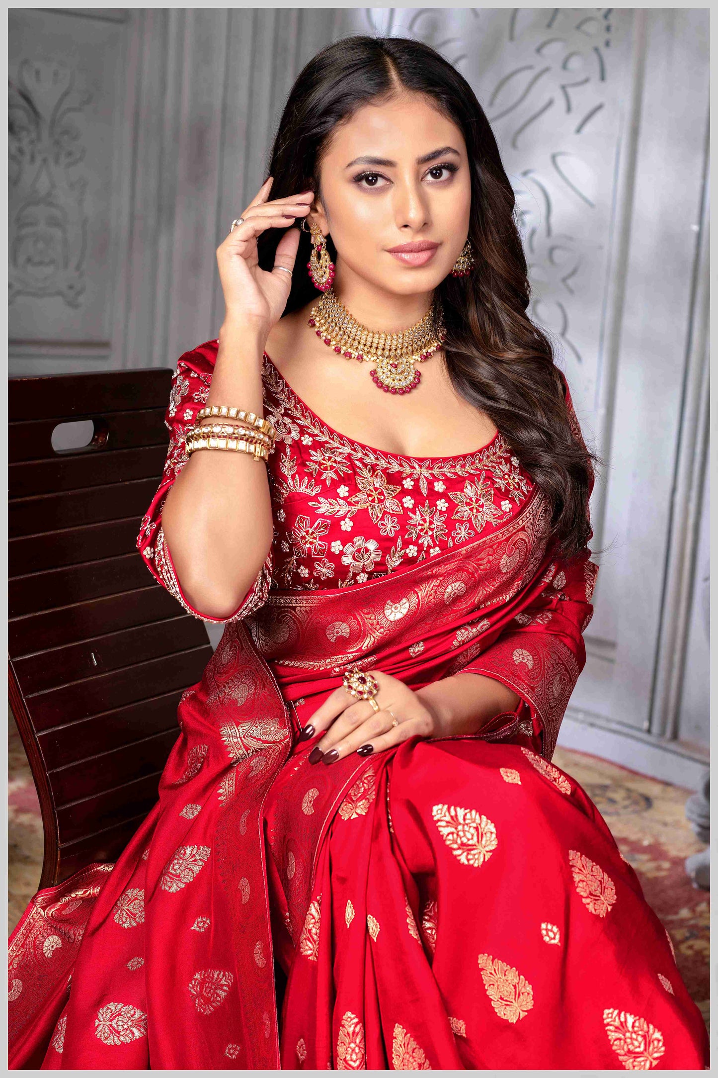 Red Banarasi Silk Saree with Stitched Blouse