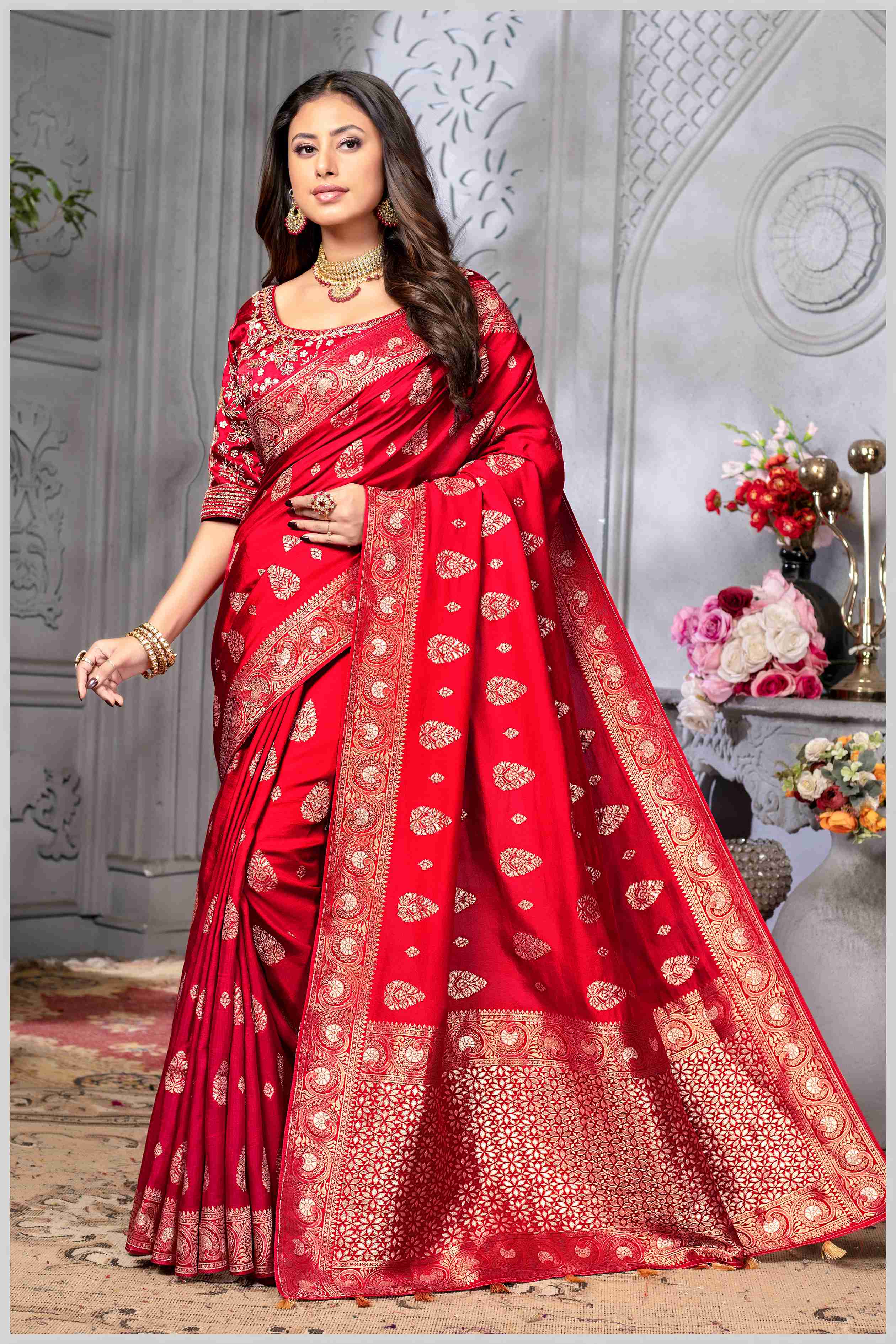 Red Banarasi Silk Saree with Stitched Blouse