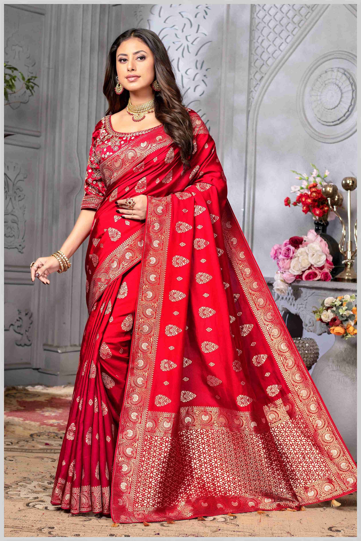 Red Banarasi Silk Saree with Stitched Blouse