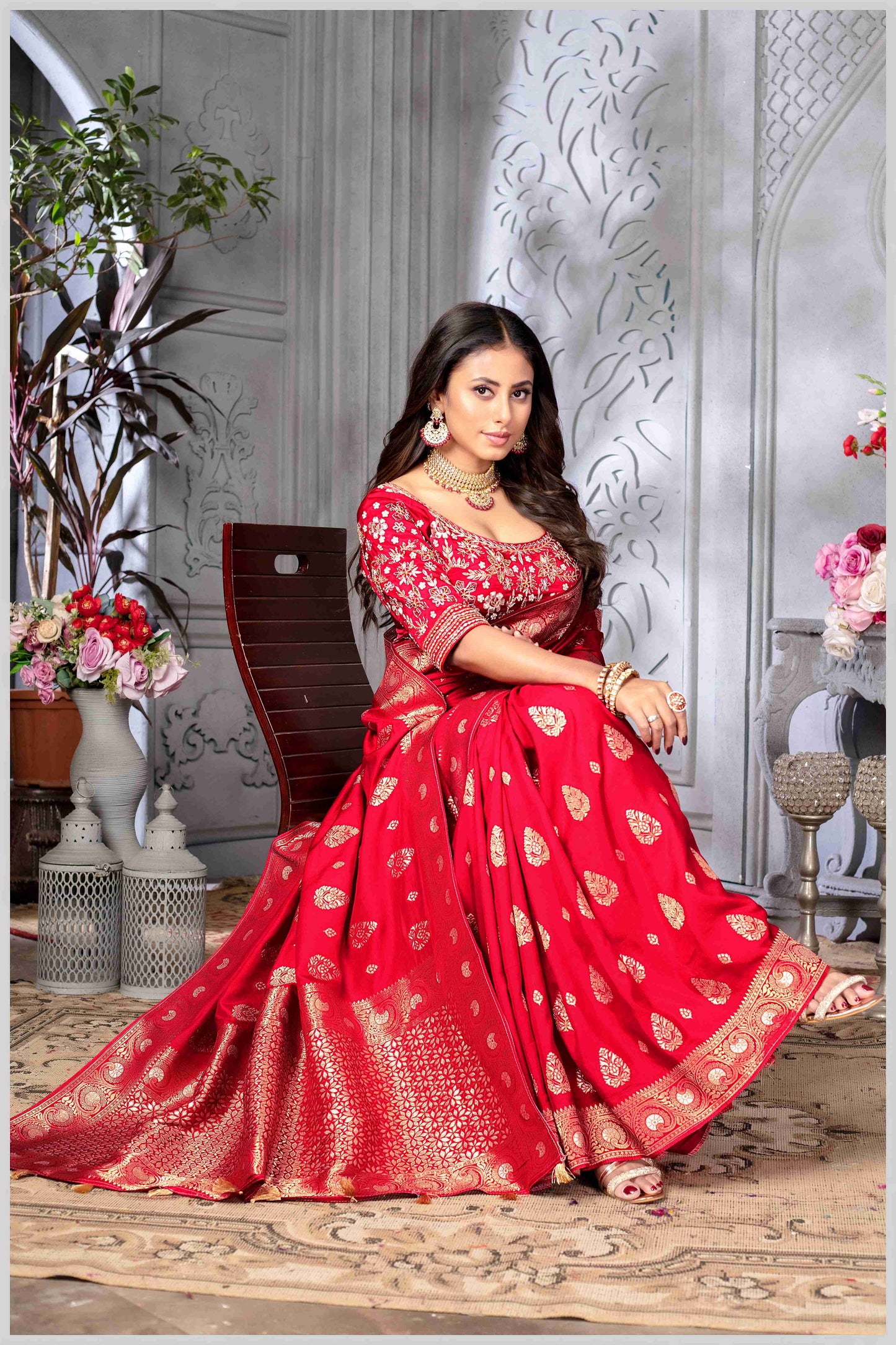 Red Banarasi Silk Saree with Stitched Blouse