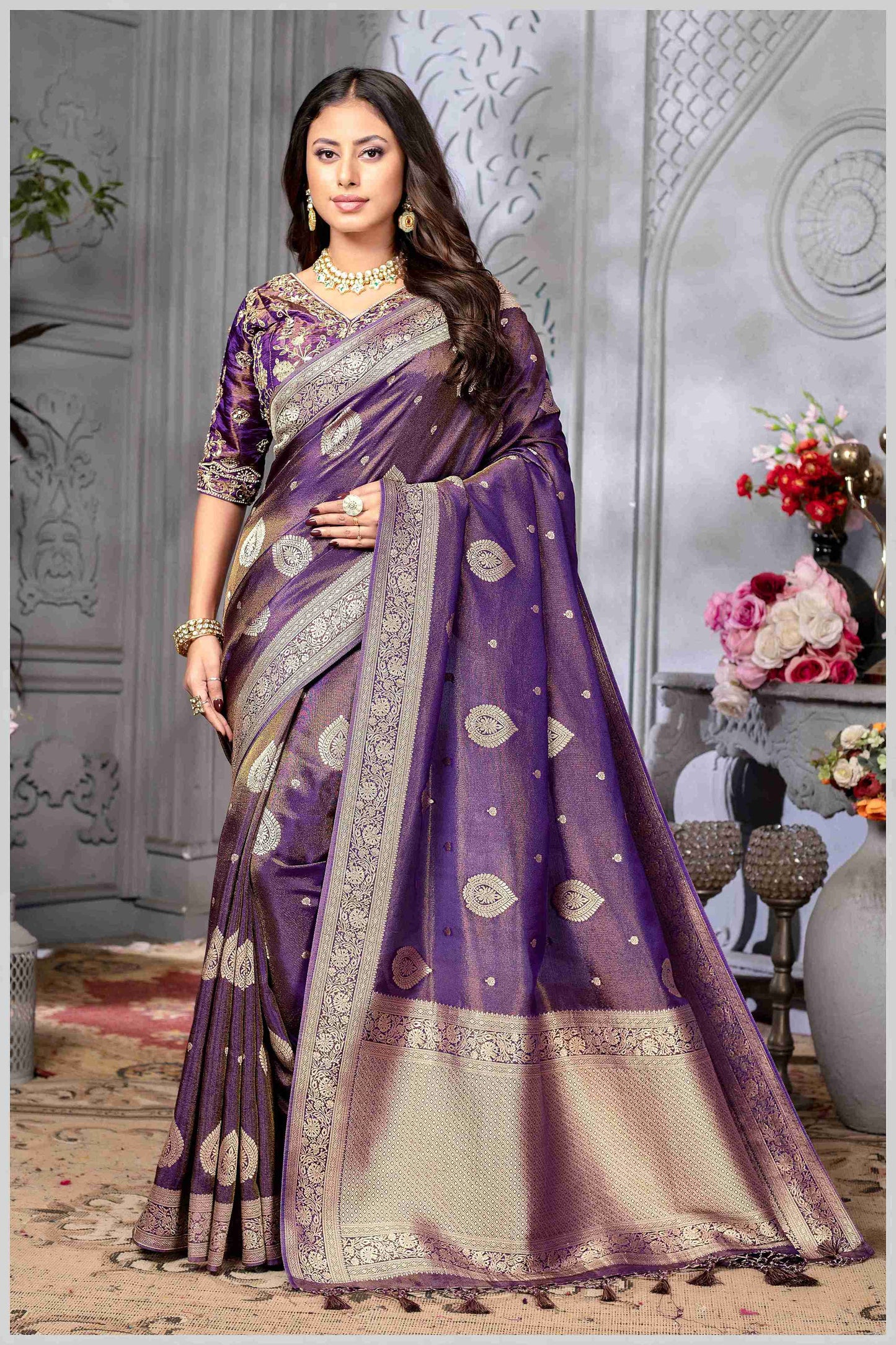 Royal Purple Banarasi Tissue Silk Saree with Golden Zari Elegance