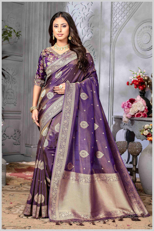 Royal Purple Banarasi Tissue Silk Saree with Golden Zari Elegance