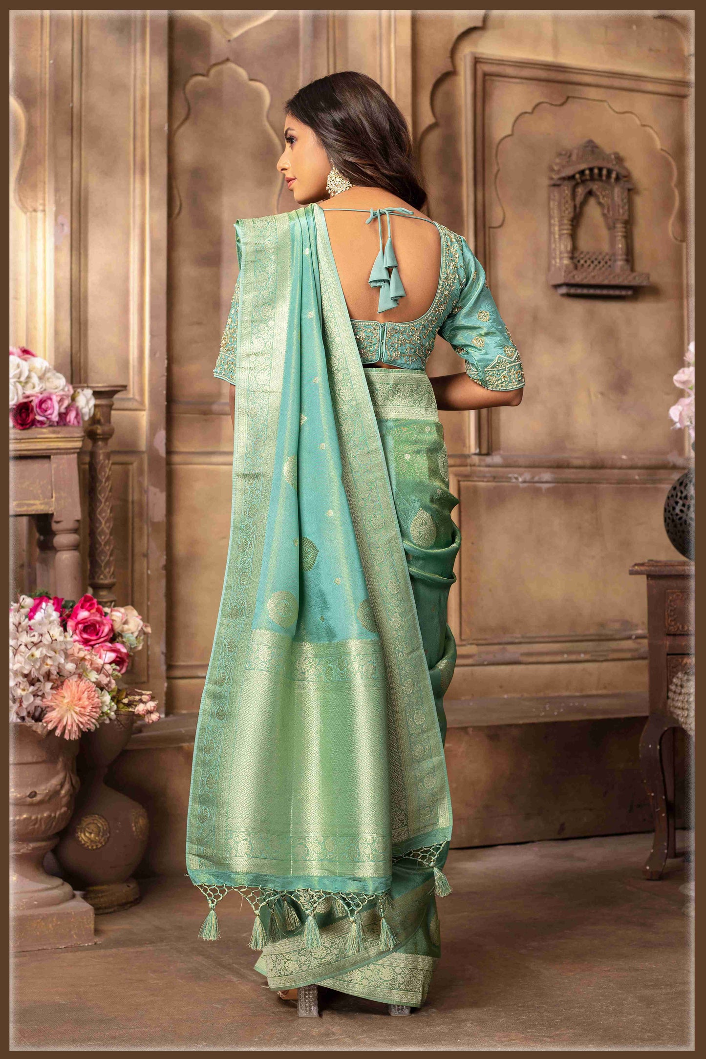 Sea Green Banarasi Tissue Silk Saree with Golden Zari Elegance
