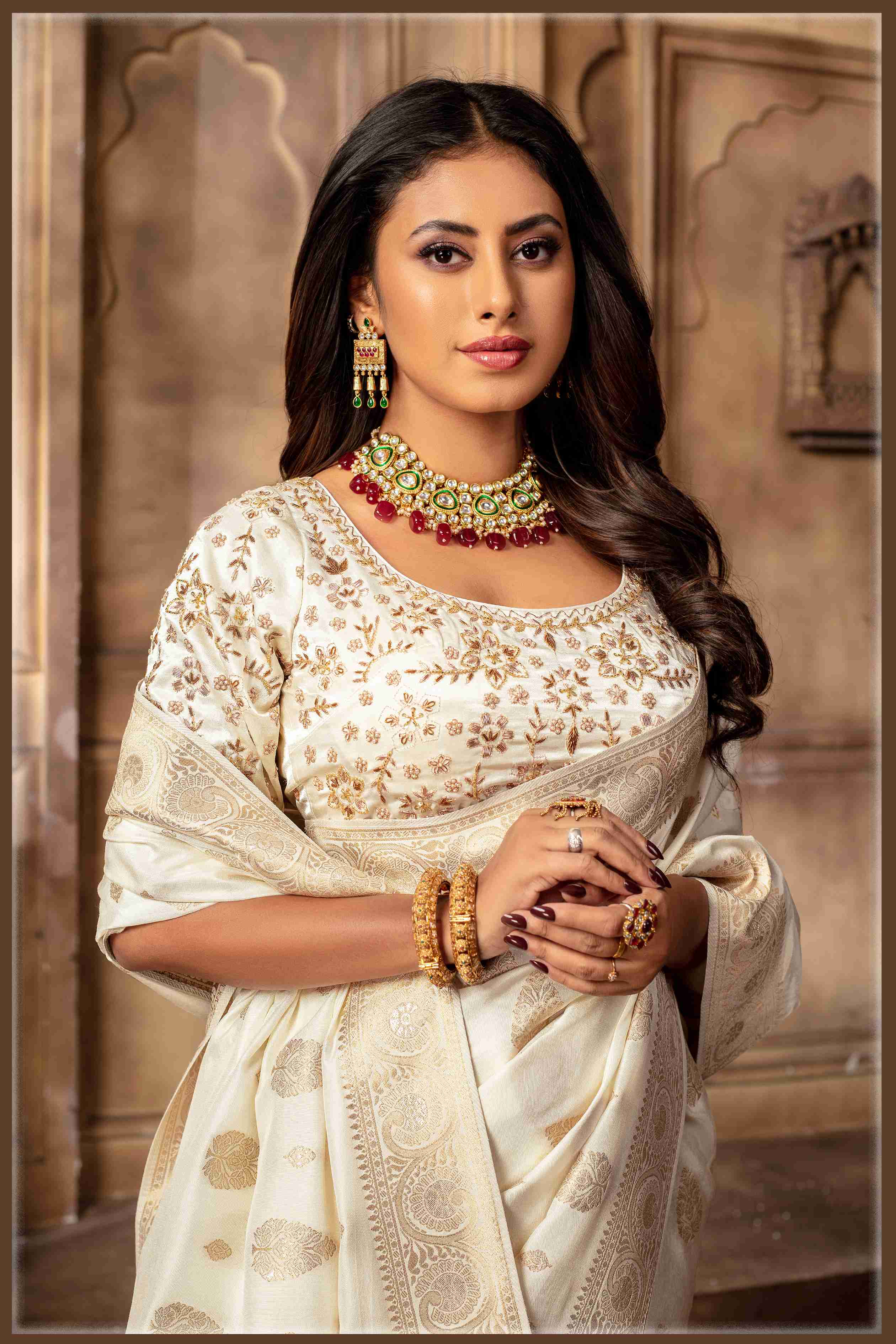 offwhite Banarasi Silk Saree with Stitched Blouse