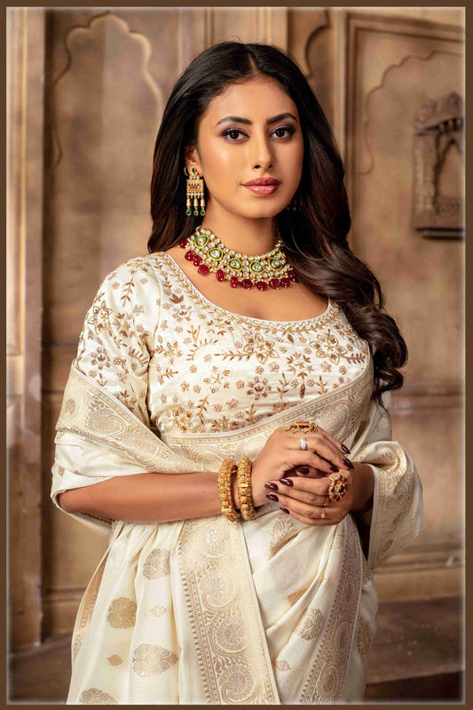offwhite Banarasi Silk Saree with Stitched Blouse