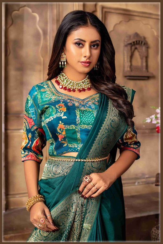 Bottle Green Banarasi Silk Saree with Stitched Blouse