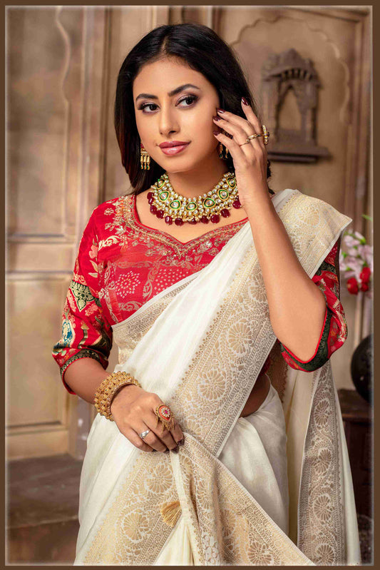 offwhite Banarasi Silk Saree with Stitched Blouse