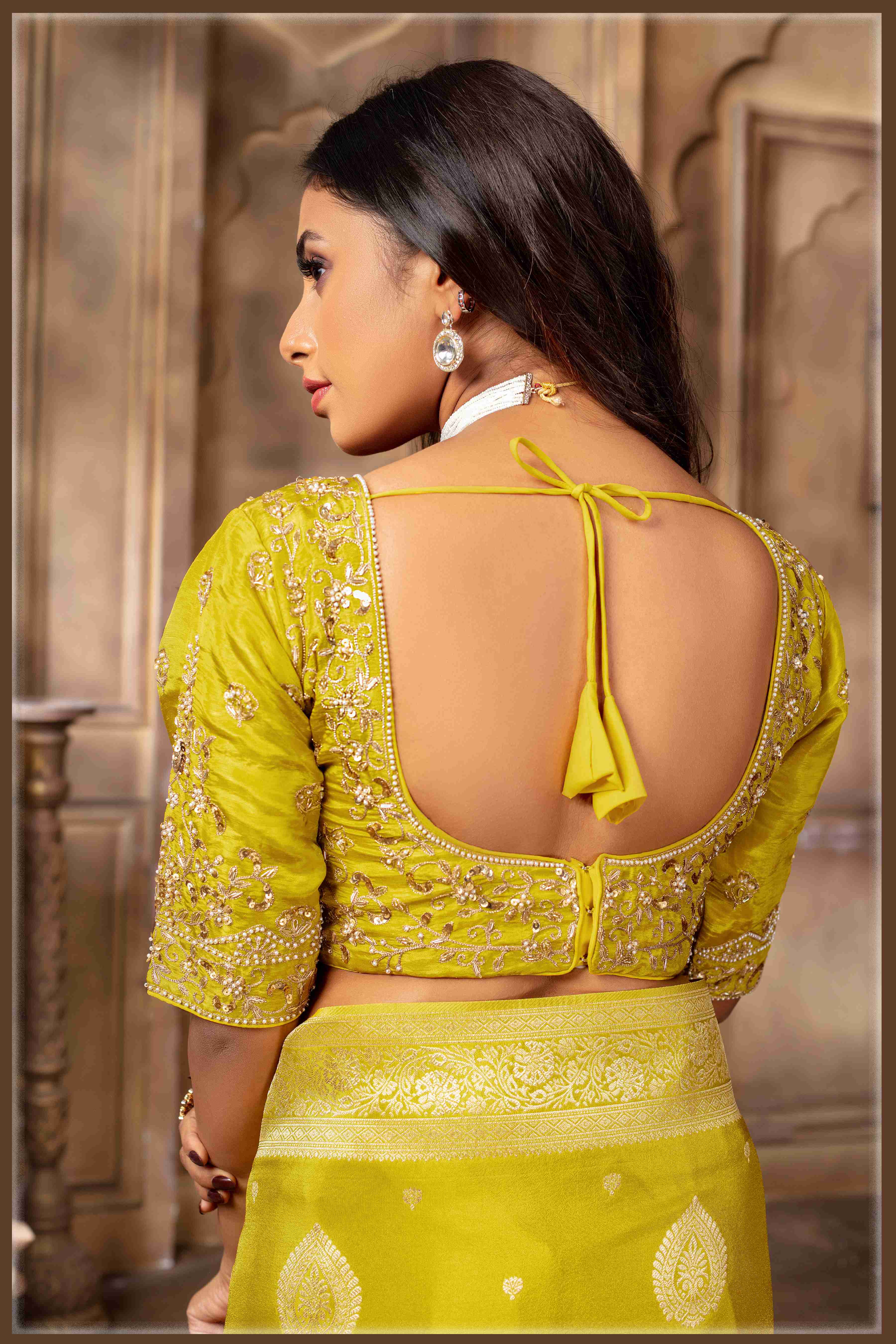 Lime Yellow Banarasi Tissue Silk Saree with Golden Zari Elegance