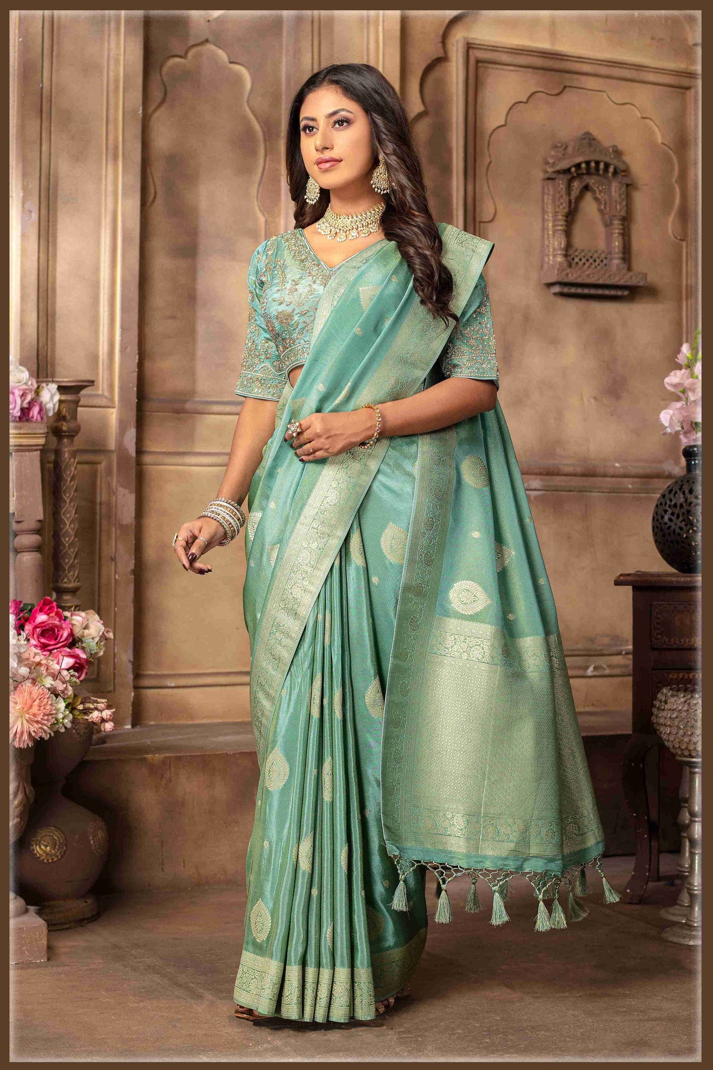 Sea Green Banarasi Tissue Silk Saree with Golden Zari Elegance