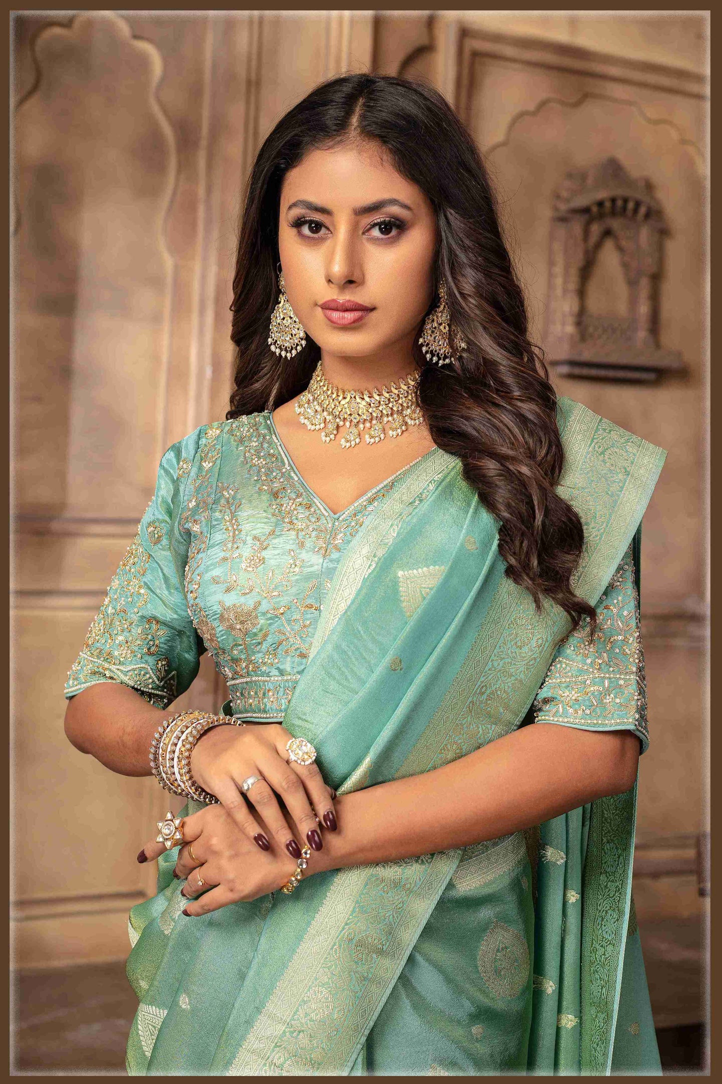 Sea Green Banarasi Tissue Silk Saree with Golden Zari Elegance
