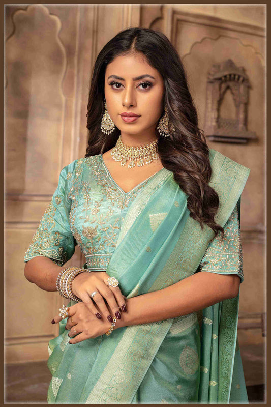 Sea Green Banarasi Tissue Silk Saree with Golden Zari Elegance