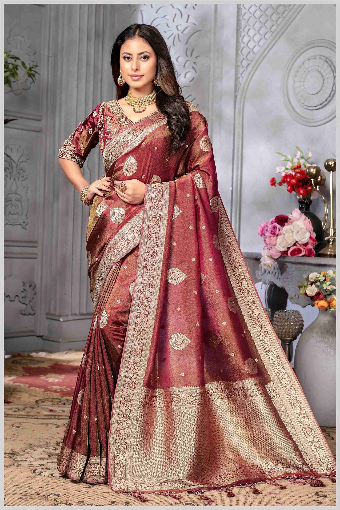 Maroon Copper Banarasi Tissue Silk Saree with Golden Zari Elegance