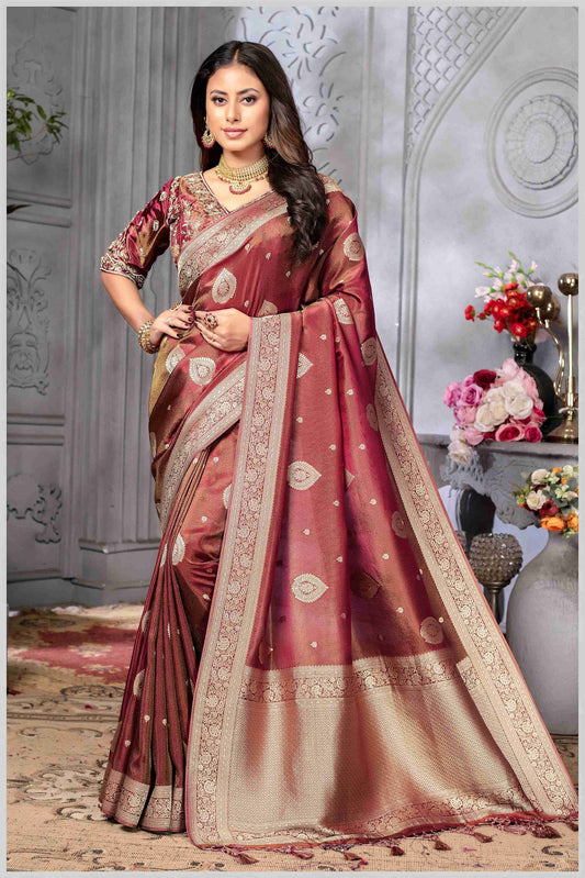 Maroon Copper Banarasi Tissue Silk Saree with Golden Zari Elegance