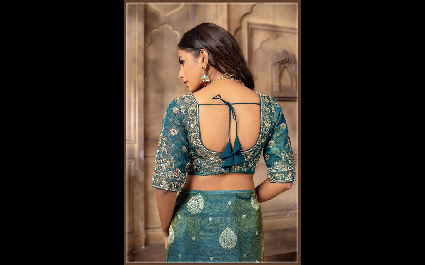 Lime Peacock blue Banarasi Tissue Silk Saree with gold Zari Elegance
