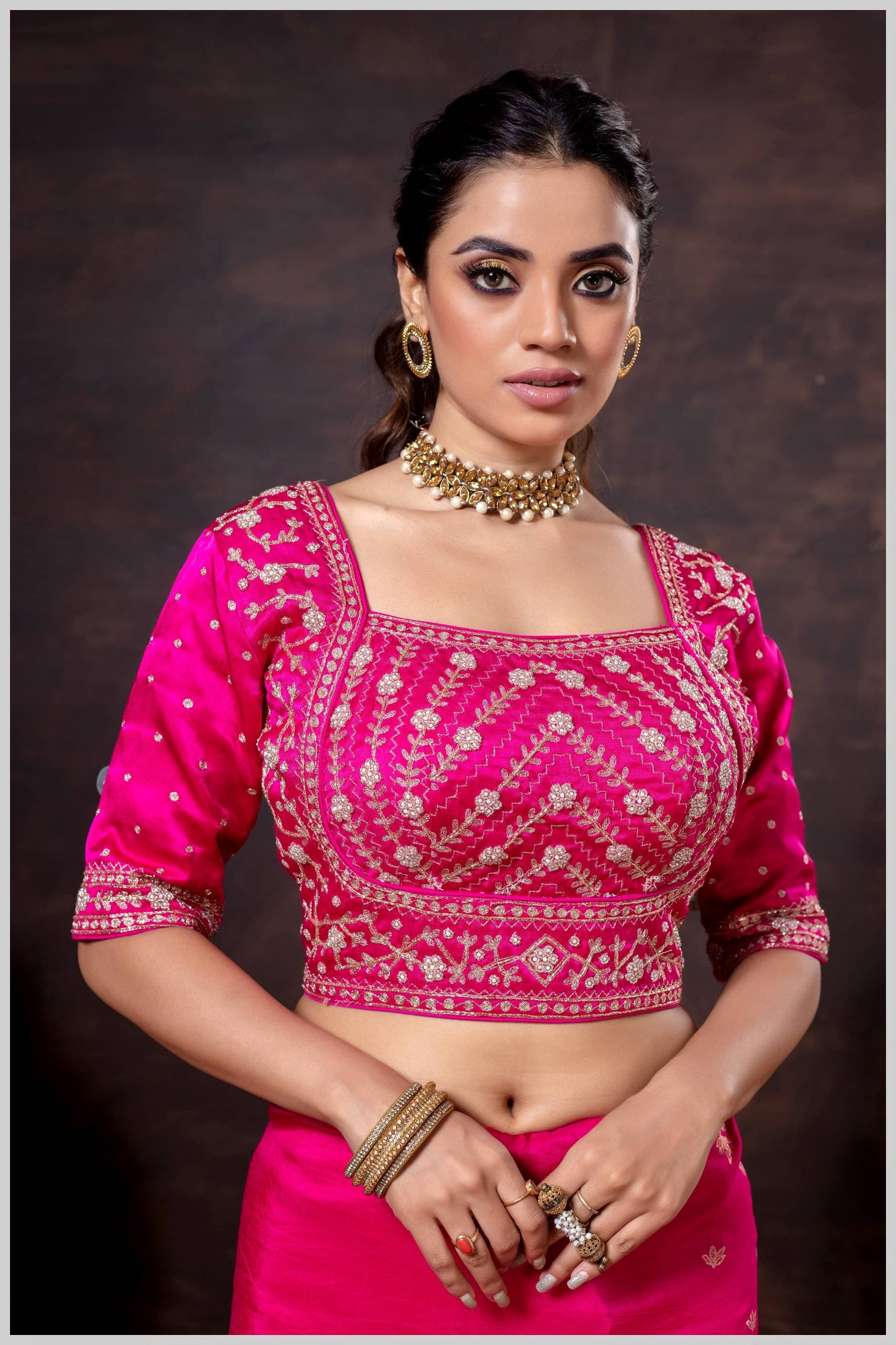 Rani Pink Gajji Silk Blouse with Intricate Zari and Sequin Embroidery