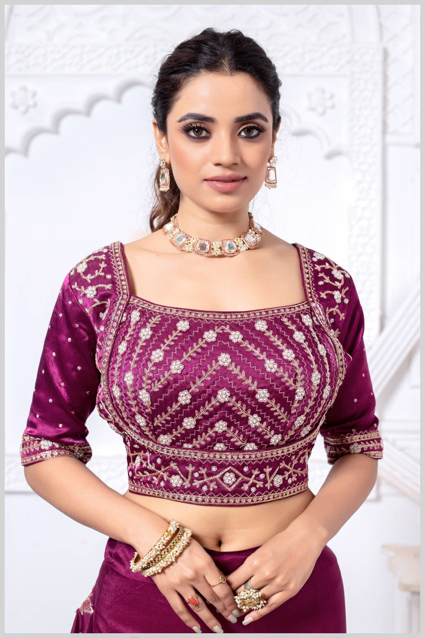 Wine Gajji Silk Blouse with Intricate Zari and Sequin Embroidery