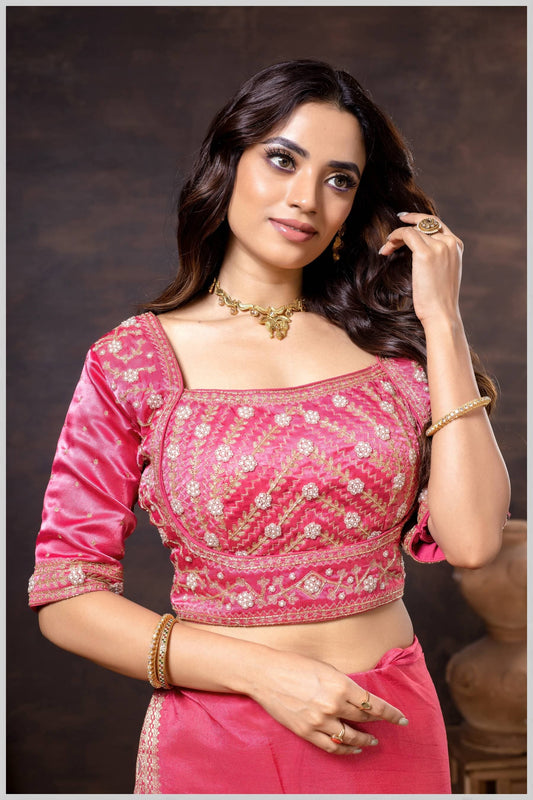 Pink Gajji Silk Blouse with Intricate Zari and Sequin Embroidery
