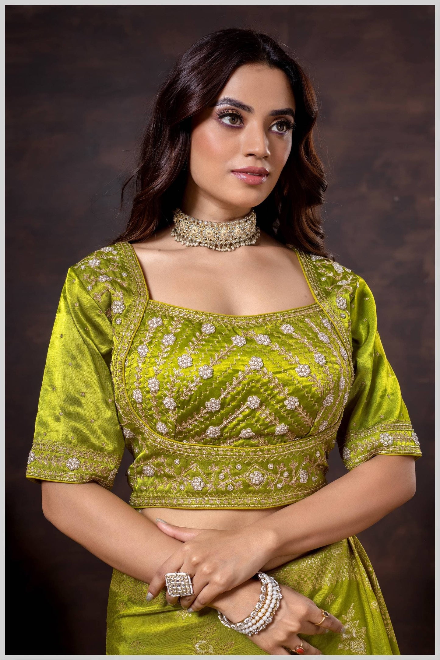 Mehendi Gajji Silk Blouse with Intricate Zari and Sequin Embroidery