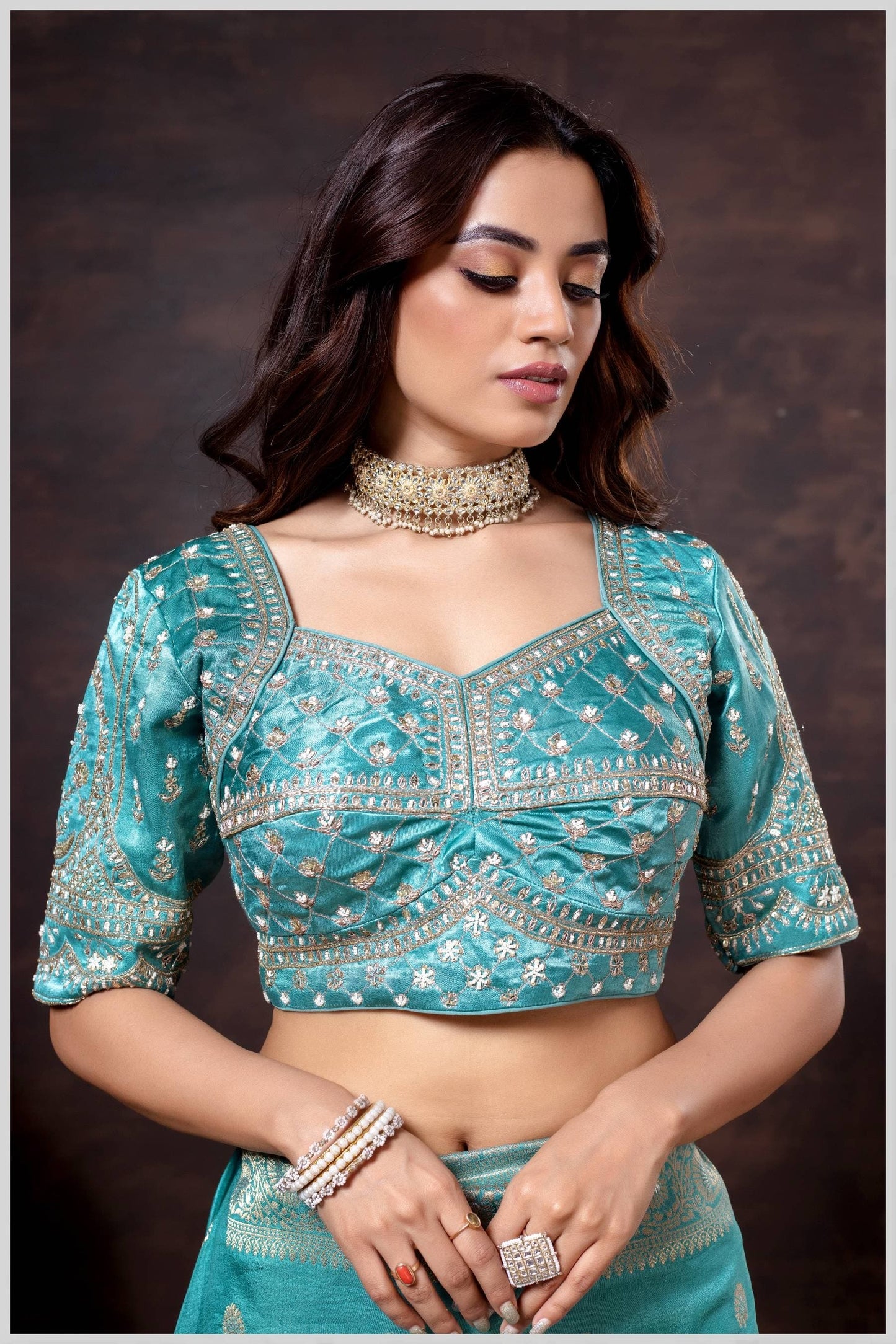 Turquoise blue Gajji Silk Blouse with Floral Zari and Mirror Hand Embroidery