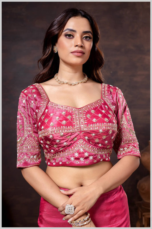 Pink Gajji Silk Blouse with Floral Zari and Mirror Hand Embroidery