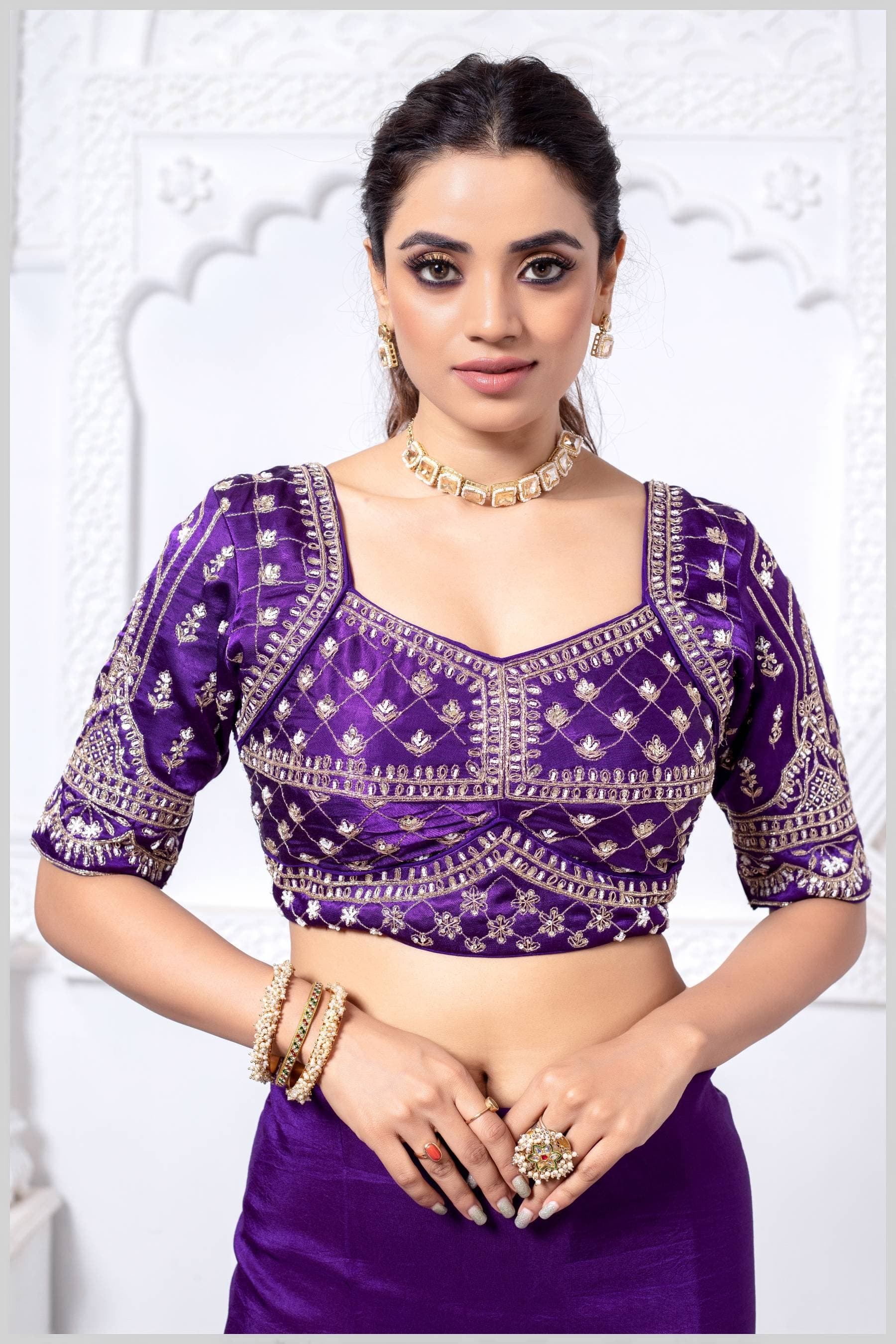 Purple Gajji Silk Blouse with Floral Zari and Mirror Hand Embroidery