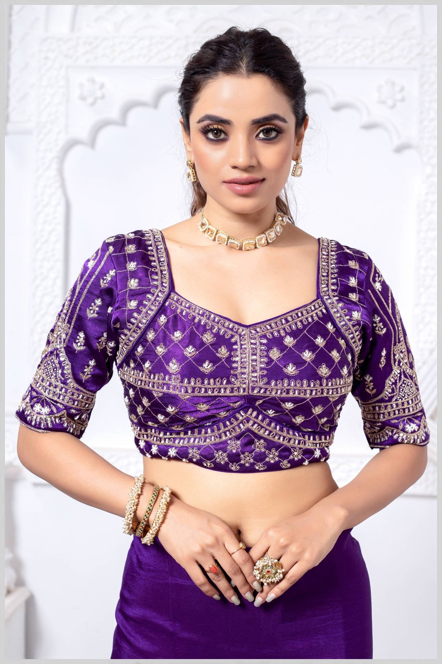 Purple Gajji Silk Blouse with Floral Zari and Mirror Hand Embroidery