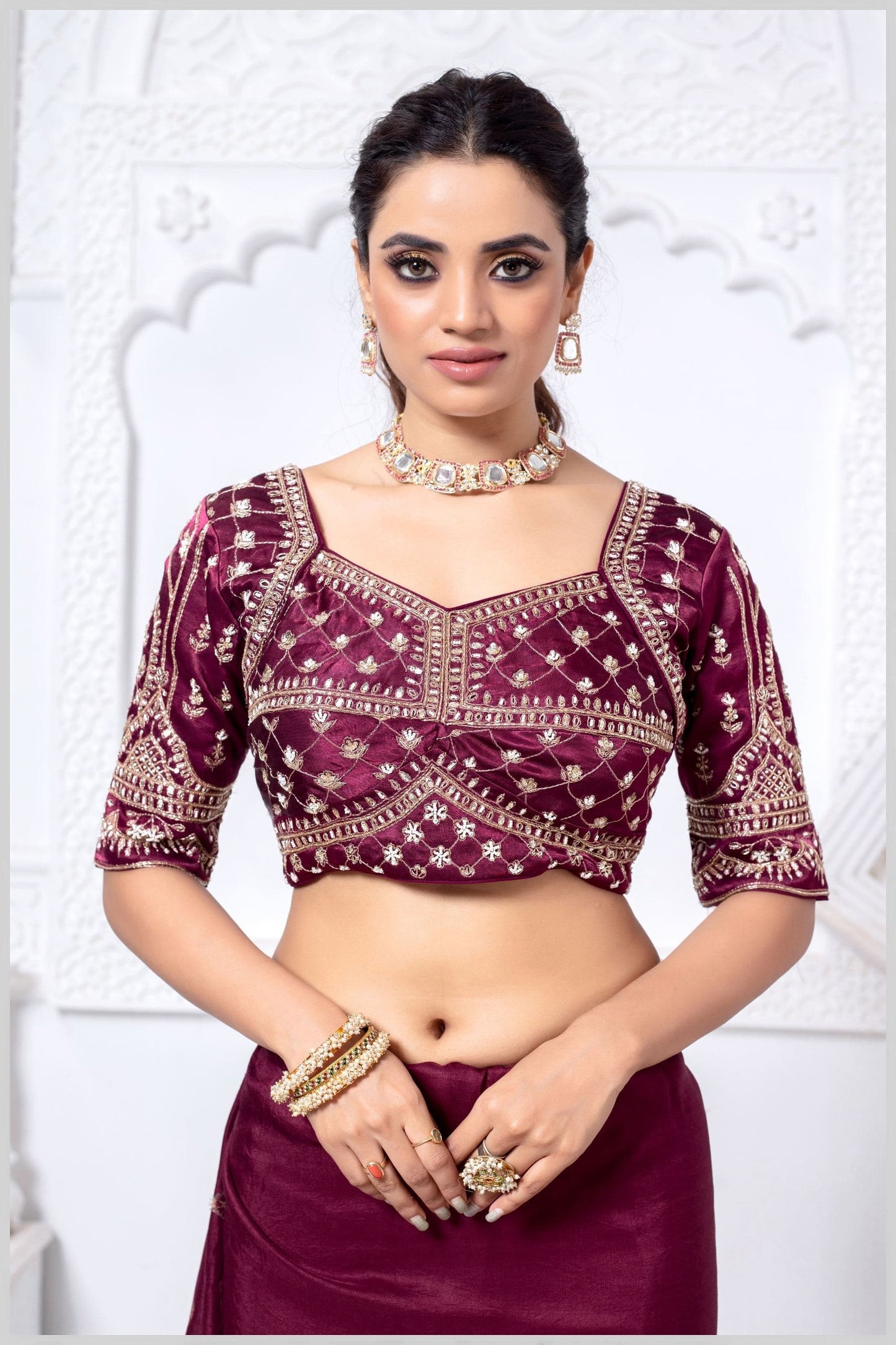 Wine Gajji Silk Blouse with Mirror Hand Embroidery