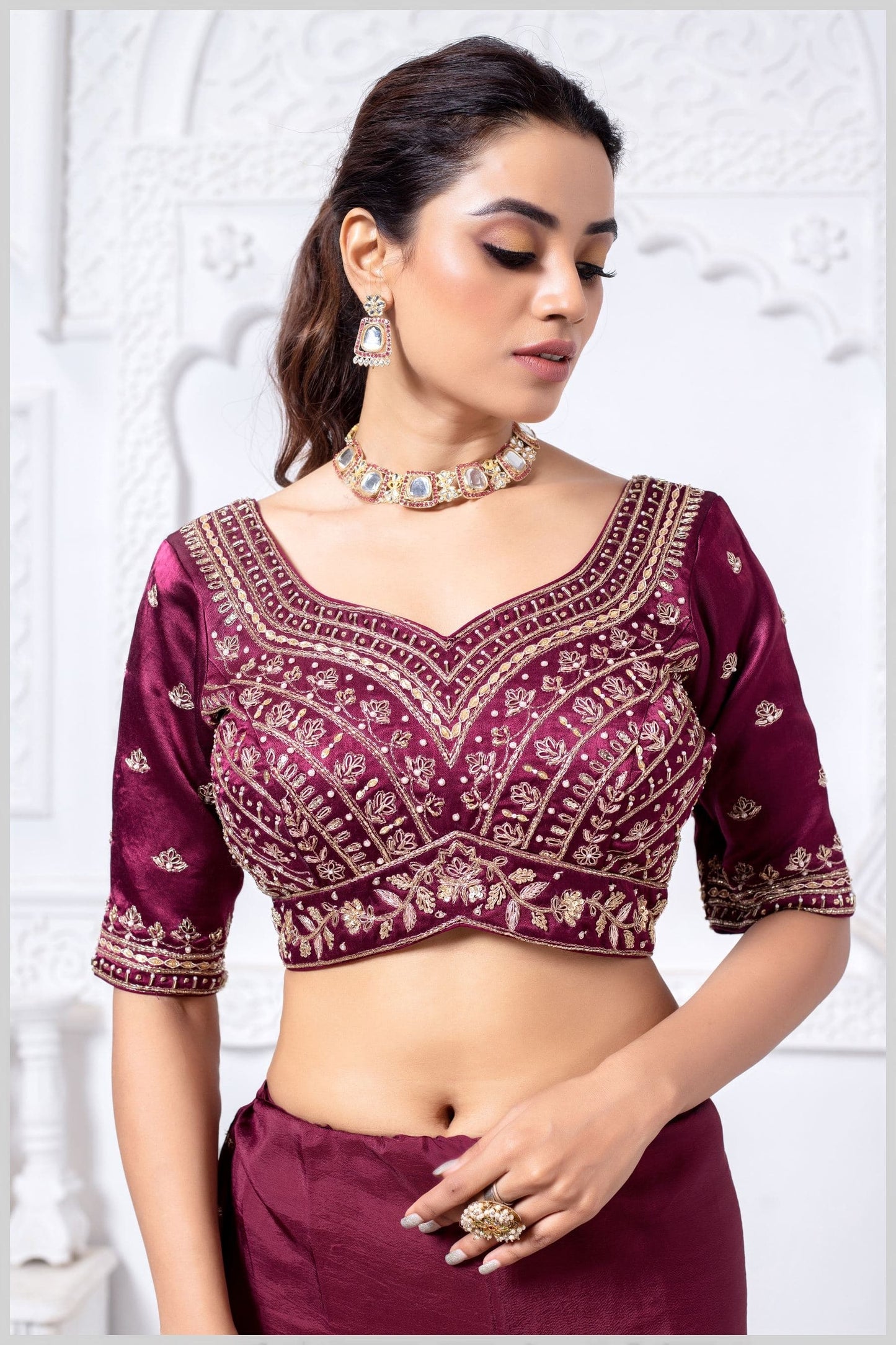 Wine Gajji Silk Blouse with Multicolor Thread and Zari Embroidery