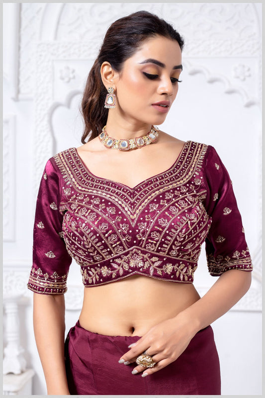 Wine Gajji Silk Blouse with Multicolor Thread and Zari Embroidery