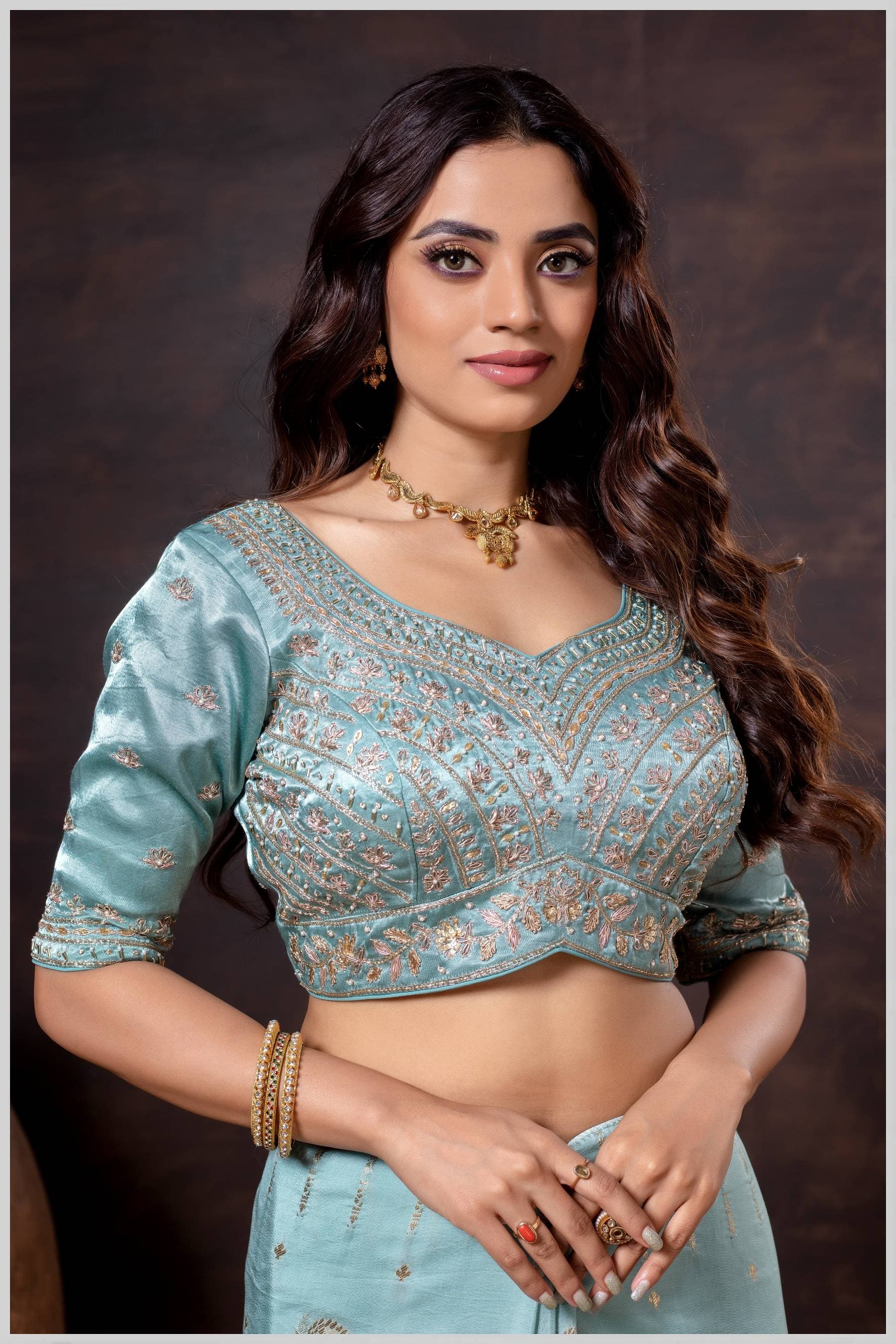 Dusty Blue Gajji Silk Blouse with Multicolor Thread and Zari Embroidery