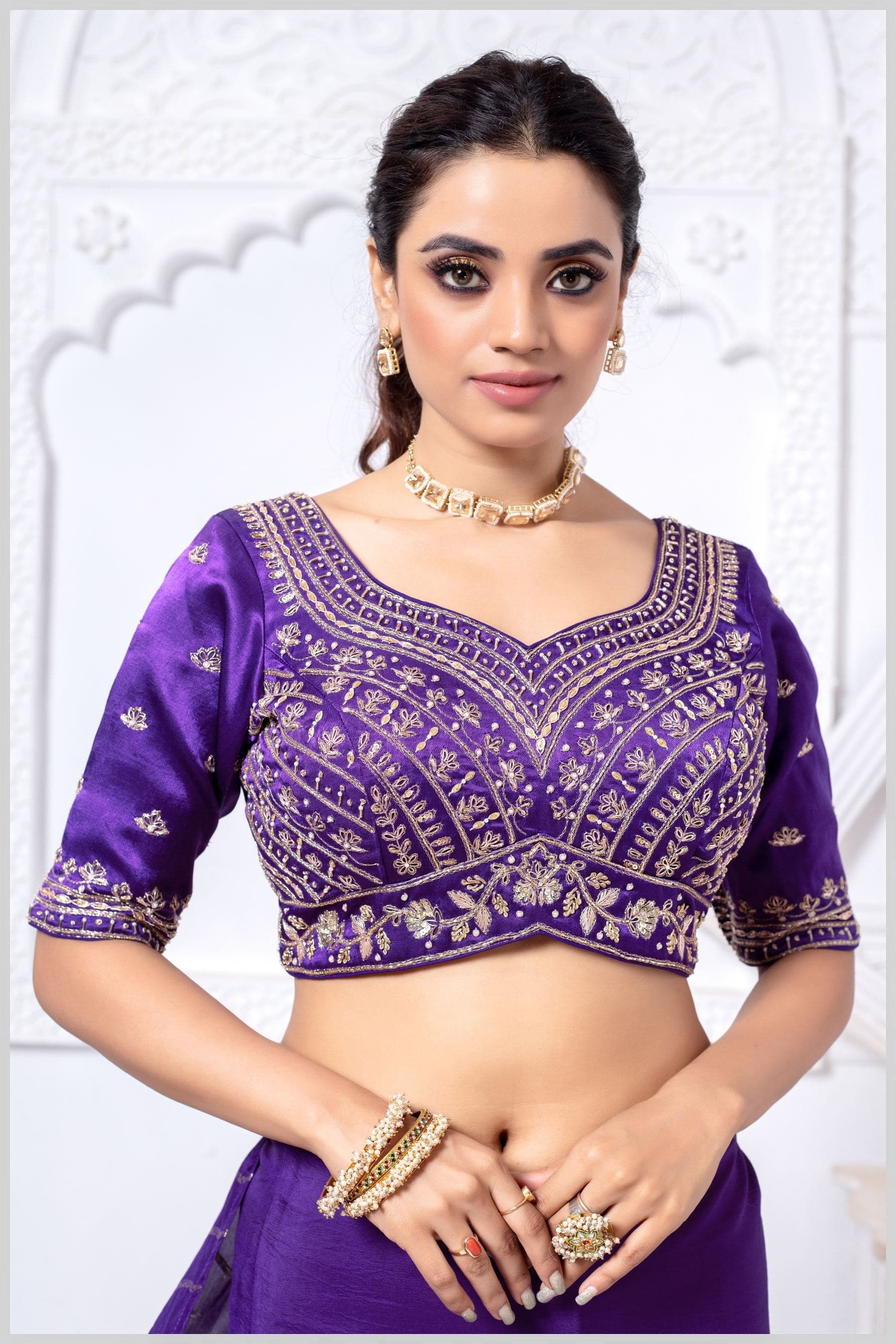 Purple Gajji Silk Blouse with Multicolor Thread and Zari Embroidery